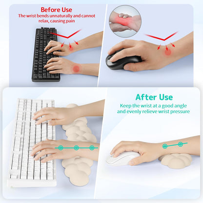 Sushret Cloud Wrist Rest for Keyboard and Mouse, Memory Foam PU Leather Keyboard Wrist Rest with Ergonomic Support, Non-Slip Base, Cute Arm Rest Pad & Palm Cushion, Office Desk Accessory, White
