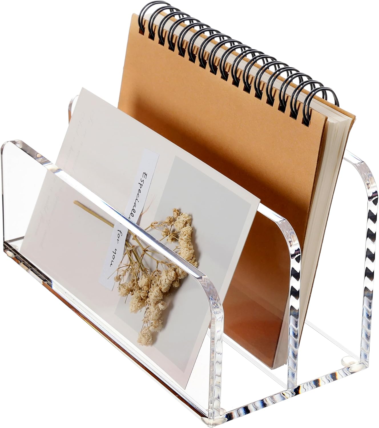 SANRUI 5 Compartments Acrylic Mail Sorter Holder, Clear Document Magazine Envelope File Rack, Vertical Letter Sorter & Multifunction Desk Organizer for Bills, Documents, Notebooks