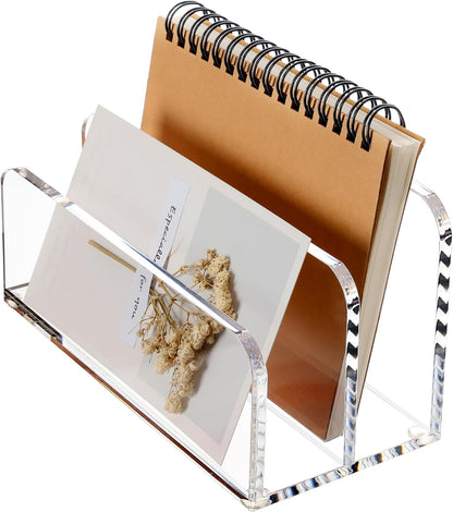 SANRUI 5 Compartments Acrylic Mail Sorter Holder, Clear Document Magazine Envelope File Rack, Vertical Letter Sorter & Multifunction Desk Organizer for Bills, Documents, Notebooks