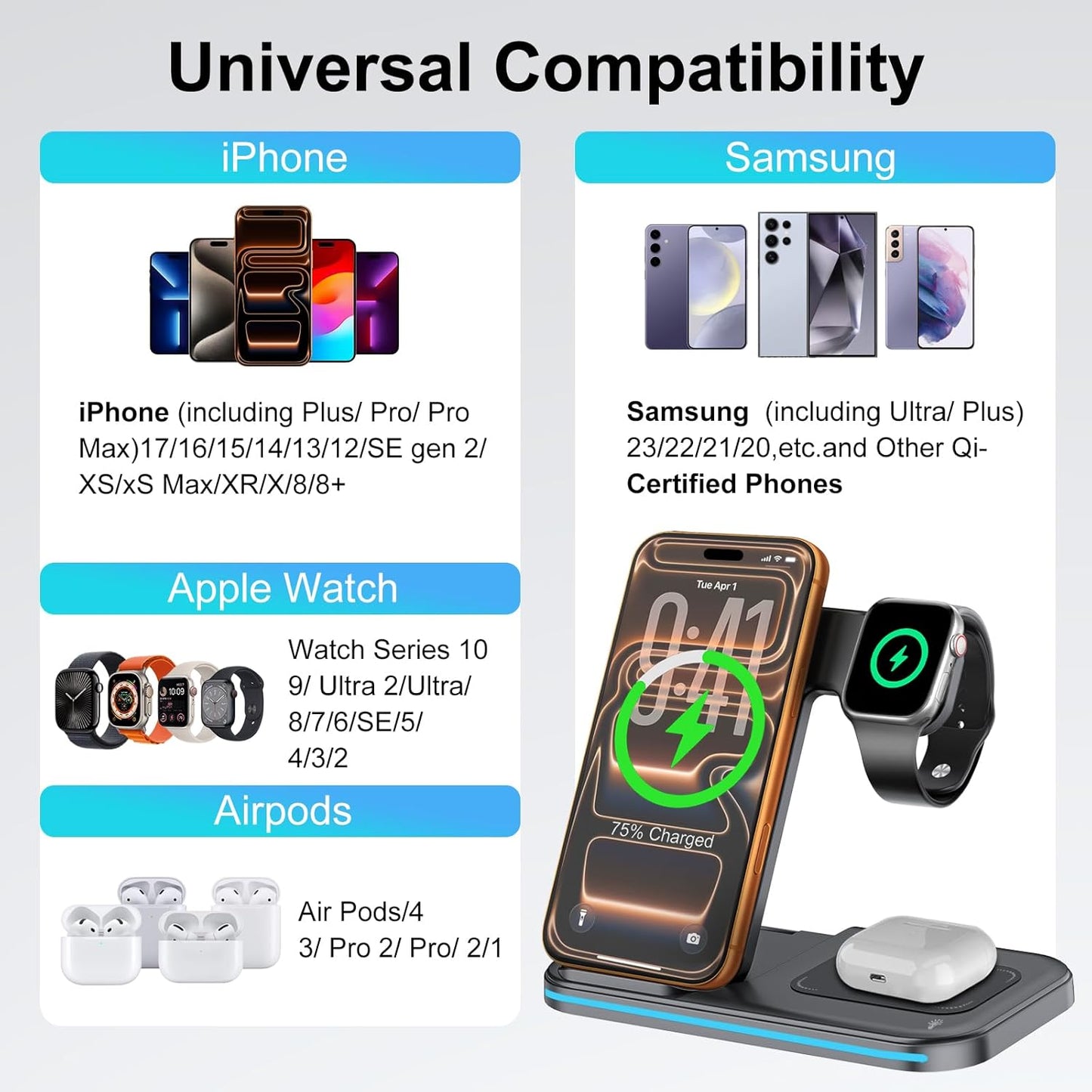 [Qi] 3 in 1 Charging Station for iPhone, 21W Wireless Charging Station, Stand Multiple Devices for Apple, for iPhone 17 16 15 14-8 Pro Max, Watch, AirPods 4 3 Pro, Nightstand, Desk, Trip, Gift