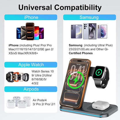 [Qi] 3 in 1 Charging Station for iPhone, 21W Wireless Charging Station, Stand Multiple Devices for Apple, for iPhone 17 16 15 14-8 Pro Max, Watch, AirPods 4 3 Pro, Nightstand, Desk, Trip, Gift