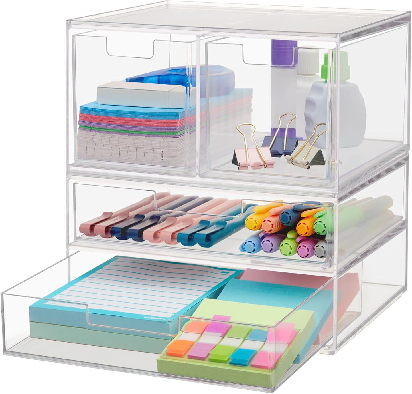 STORi Chloe Space-Saving Clear Drawer Organizer (4 Wide Drawers) Sort Office, Kitchen, Beauty Supplies, Makeup, Pens, Jewelry, Stationary, Made in USA