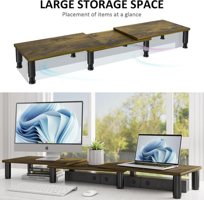 AX Waber Dual Monitor Riser - Adjustable Length & Angle, Wooden Stand for 2 Monitors with Storage