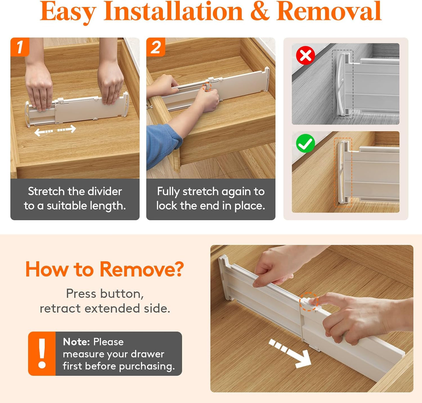 Lifewit Drawer Dividers for Clothes, 3.2" Tall 10.5"-16.5" Expandable Dresser Drawer Organizers, Adjustable White Plastic Separators for Kitchen, Cabinet, Nursery, Socks & Underwear Storage, 4 Pack
