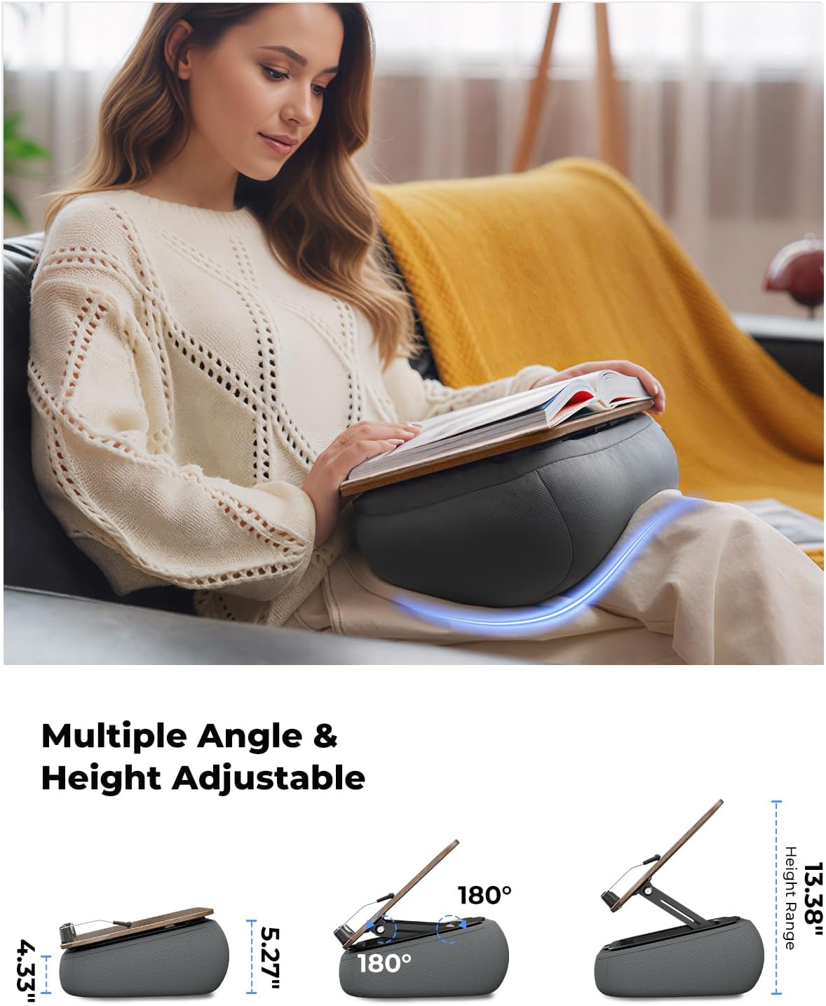 Viozon Lap Book Pillow Stand with Storage, Adjustable Beanbag Reading Pillow with Dark Wood Panel, Multi-Angle Book Holder for Hands-Free Reading in Bed or Sofa,Book Lover Essential, Soft Cushion