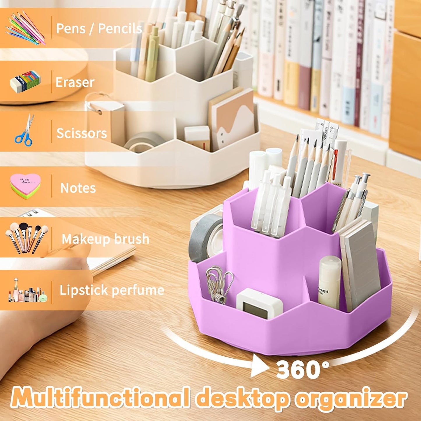 Cayxenful Pencil Pen Holder for Desk,9 Slots 360 Degree Rotating Desk Organizers,Desktop Storage Stationery Supplies Organizer, Cute Pencil Cup Pot For Office, School, Home(White)