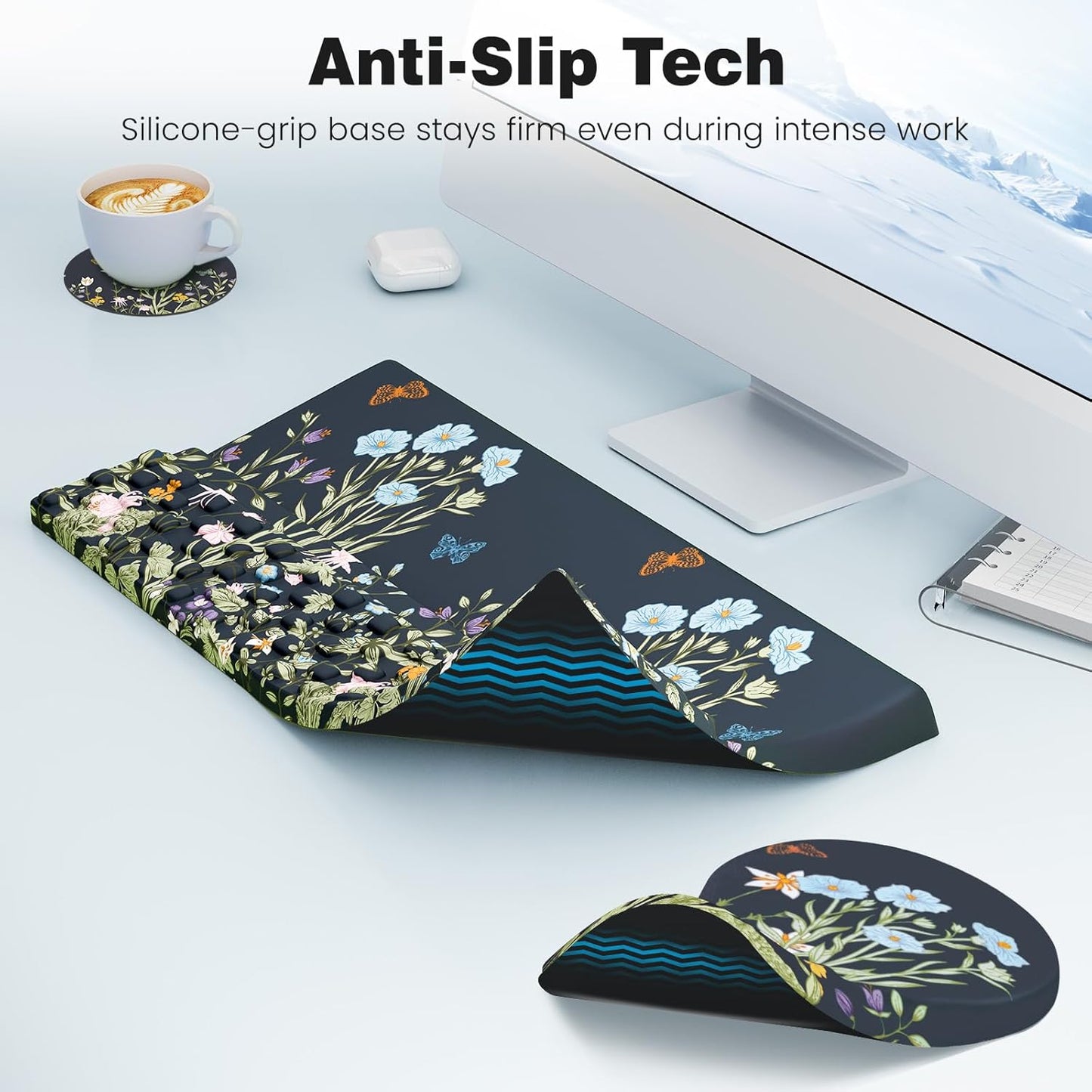 Ospelelf Ergonomic Mouse Pad and Keyboard Stand Wrist Rest Set, Memory Foam Comfort, Pain Relief for Typing, Office Desk Accessories, Moonlit Blossoms