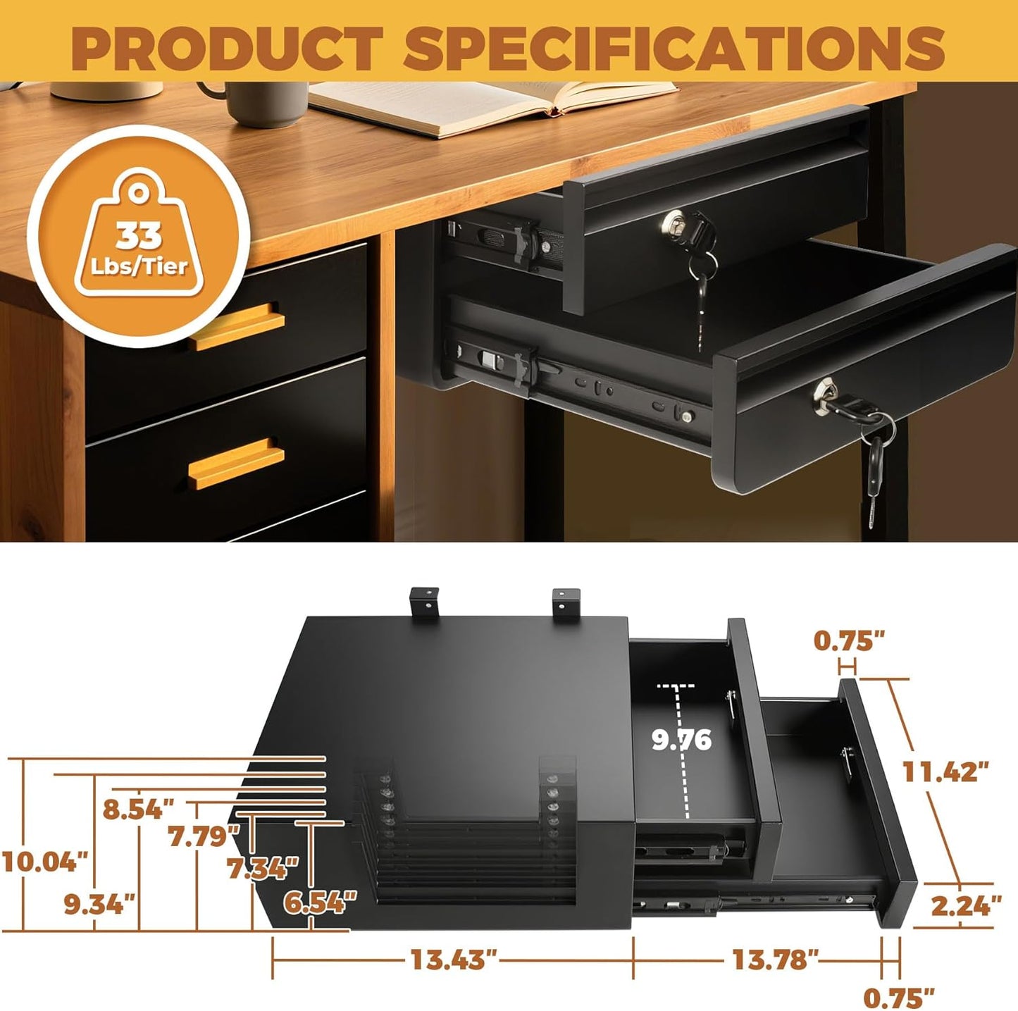 POPMOON 14 in Deep Under Desk Drawer,Pull Out Storage Organizer with Lock and Keys,Adjustable Height, Metal Storage Drawer with Slide Extension Mounted Under Flat Wooden Table or Workbench