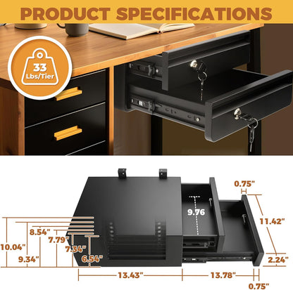 POPMOON 14 in Deep Under Desk Drawer,Pull Out Storage Organizer with Lock and Keys,Adjustable Height, Metal Storage Drawer with Slide Extension Mounted Under Flat Wooden Table or Workbench