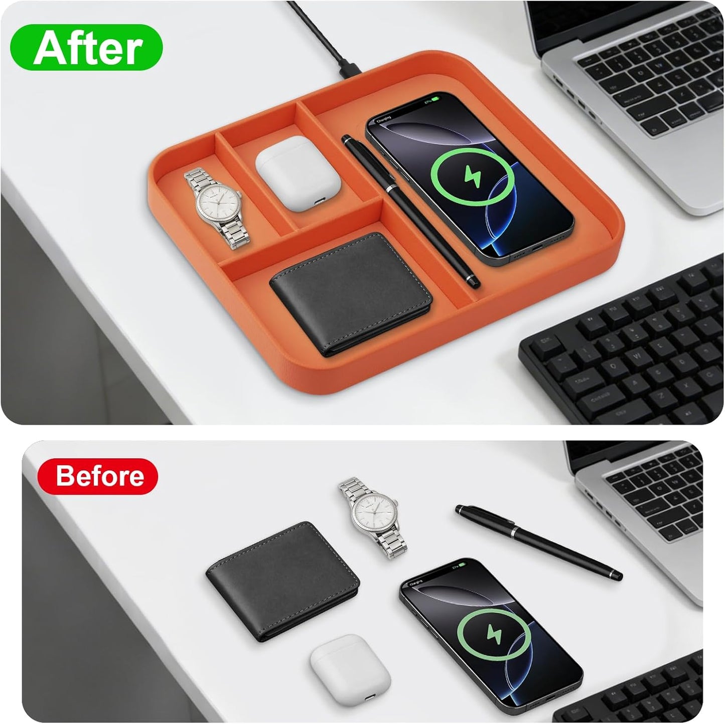 VOVIPO Birthday Gifts Bedside Organiser-Faux Leather Valet Tray With Wireless Charger For Phone And Earbuds,Nightstand Organizer,Mens Jewelry Box,Office Desk Organizers