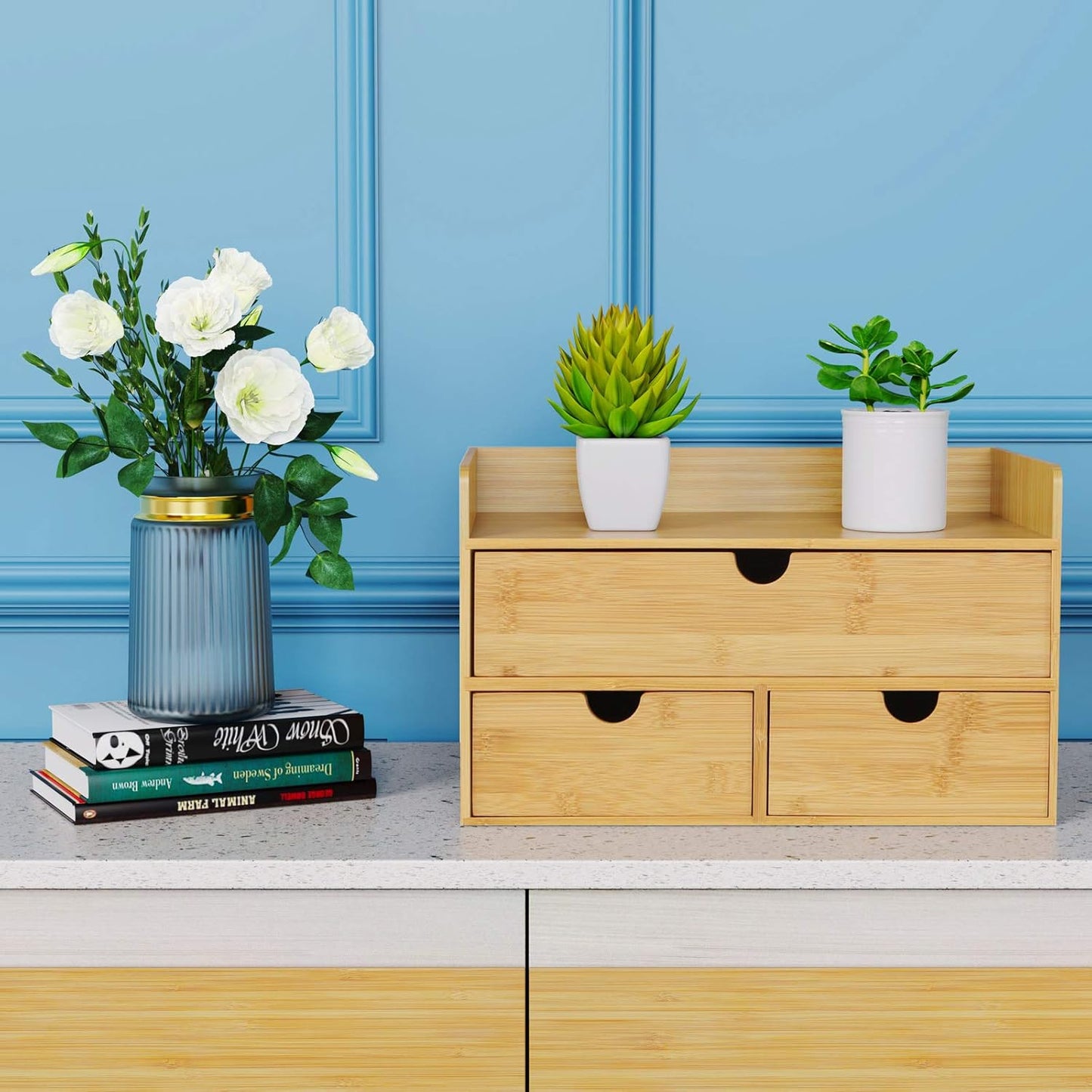 Desk Organizer with Drawers - Bamboo Desktop Organizer Storage | Wood Desk Drawers Organizer for Bills, Office Supplies, Cosmetics, Seals No Assembly Required (3 Drawer with Big Drawer)