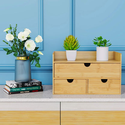 Desk Organizer with Drawers - Bamboo Desktop Organizer Storage | Wood Desk Drawers Organizer for Bills, Office Supplies, Cosmetics, Seals No Assembly Required (3 Drawer with Big Drawer)