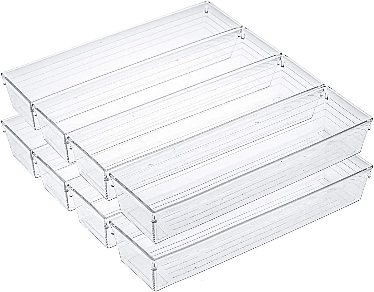 Kingrol 10 Pack 12 x 3 x 2 Inch Clear Drawer Organizer Trays, Desk Drawer Divider Storage Bins, Storage Box Set for Kitchen Bathroom Office Supplies
