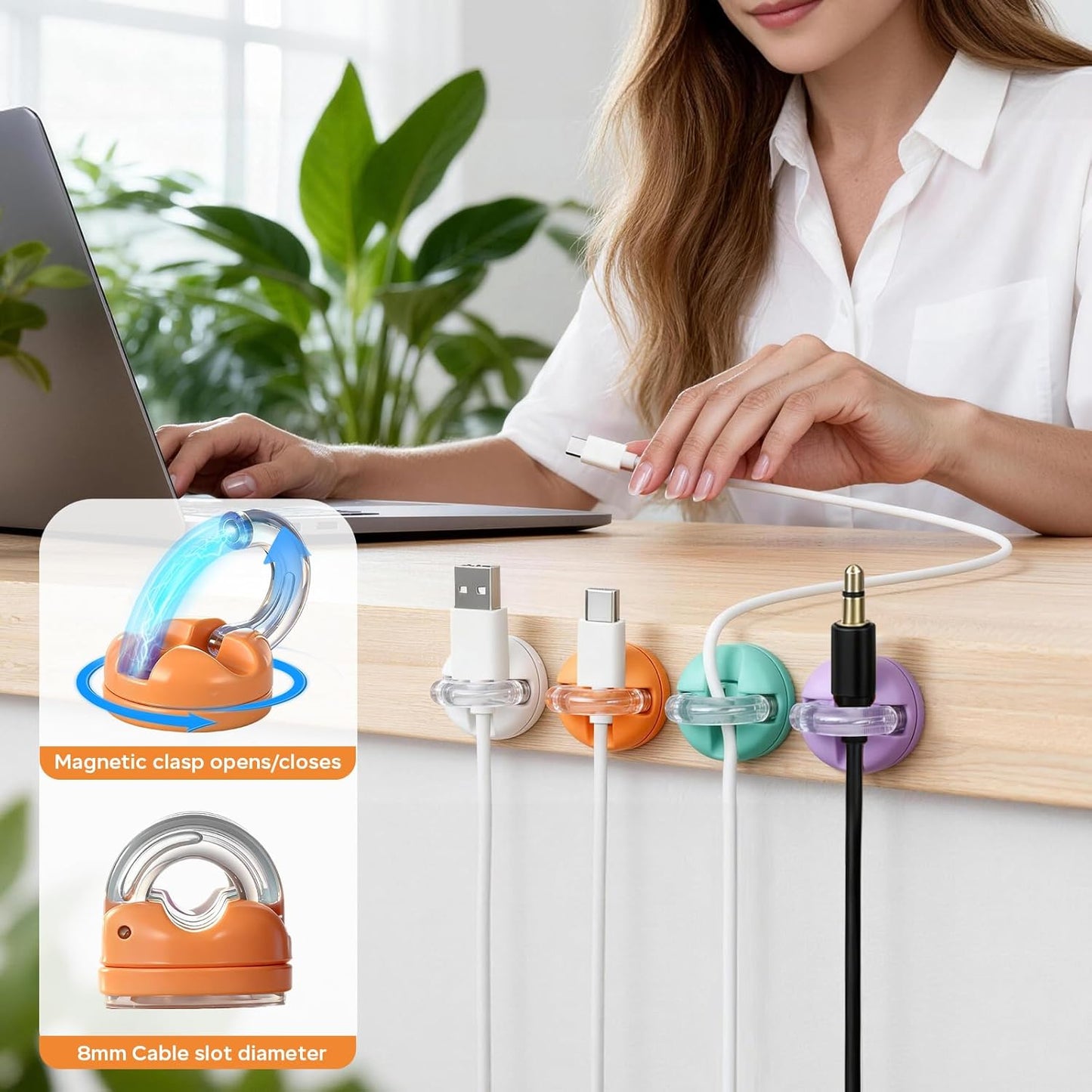Magnetic Cable Clips, 8 Pack 360° Rotatable Cord Organizer, No-Residue Adhesive Wire Holder for Under Desk, Nightstand, Wall, Car Charger Phone Cord Management for Office Home Cute Desk Accessories