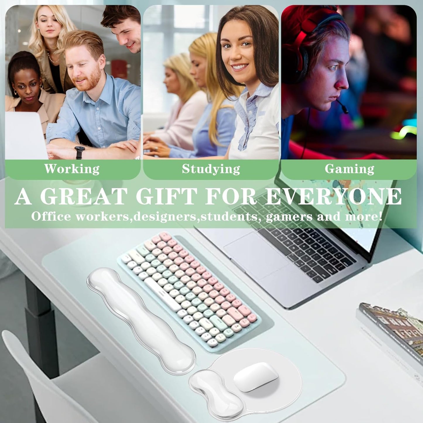 Wrist Rest for Keyboard- Ergonomic Gel Keyboard Wrist Rest and Mouse Pad Set, Non-Slip PU Base for Office, Laptop & Gaming - Green