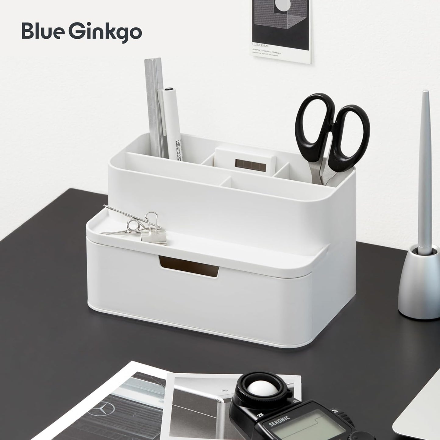 BLUE GINKGO Compact Desk Organizer – Small 5-Compartment, Half Drawer Storage – Pen Holder, Stationery Organizer for Desktop, Vanity, Shelf (Made in Korea, Green)