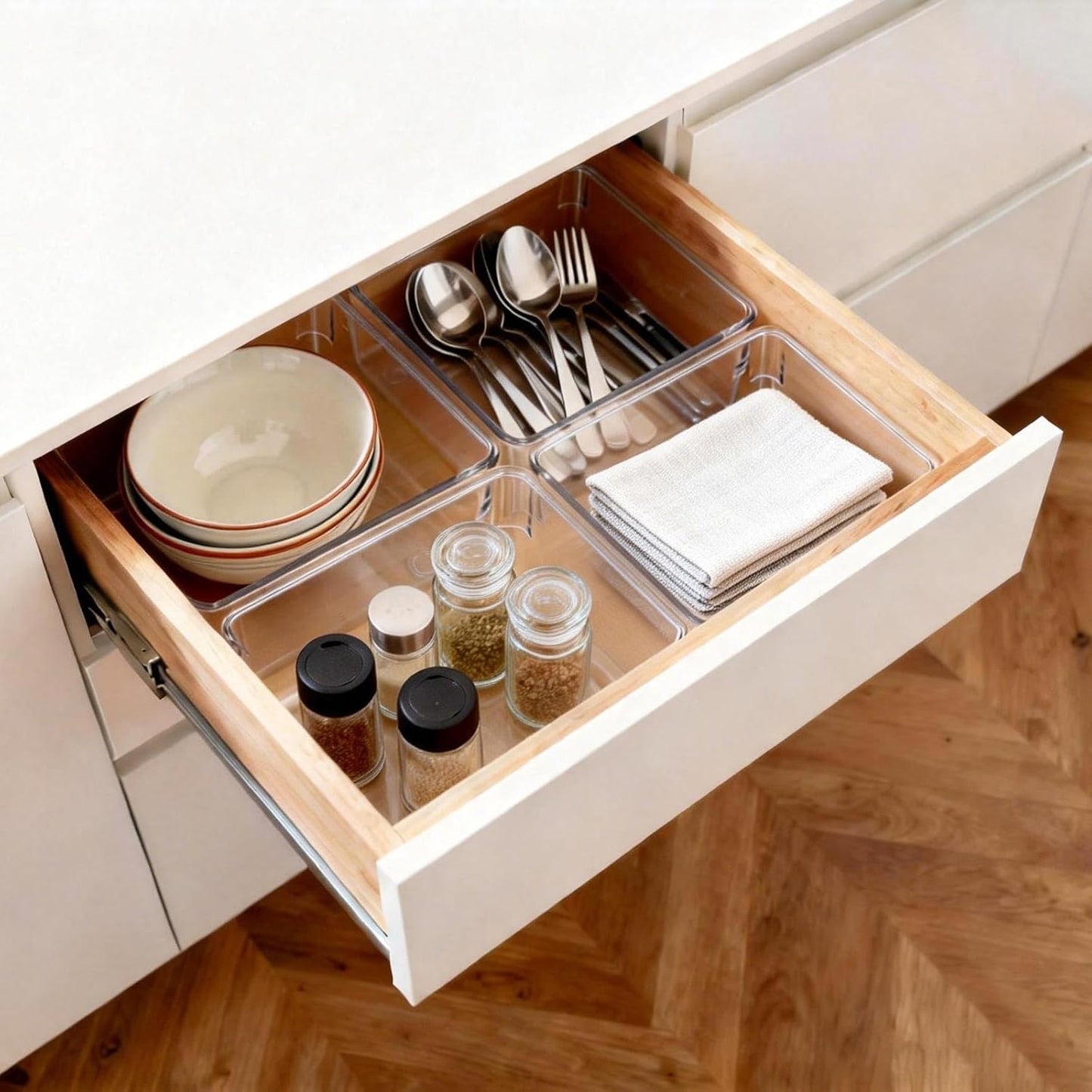 Ohlove 6 Pcs Large Clear Plastic Drawer Organizers Tray 15" x 6.3" Storage Bins with 25 Pcs Non-Slip Pads for Makeup, Jewelries, Kitchen Utensils, Bathroom and Office