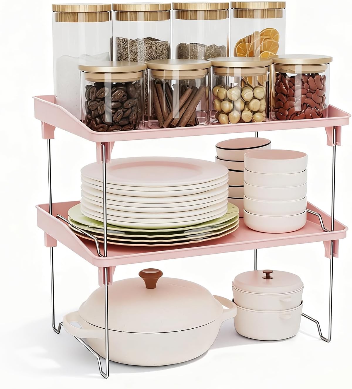 STARLATTA 2 Pcs Cabinet Organizer Shelf, Stackable Kitchen Counter Shelves, Spice Rack,Countertop Organizers, Clear Plastic Storage Shelves Rack for Makeup,Bathroom,Cupboard,Desk,Pantry Organization