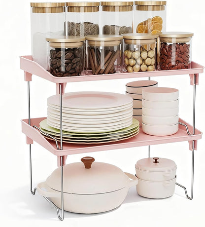 STARLATTA 2 Pcs Cabinet Organizer Shelf, Stackable Kitchen Counter Shelves, Spice Rack,Countertop Organizers, Clear Plastic Storage Shelves Rack for Makeup,Bathroom,Cupboard,Desk,Pantry Organization