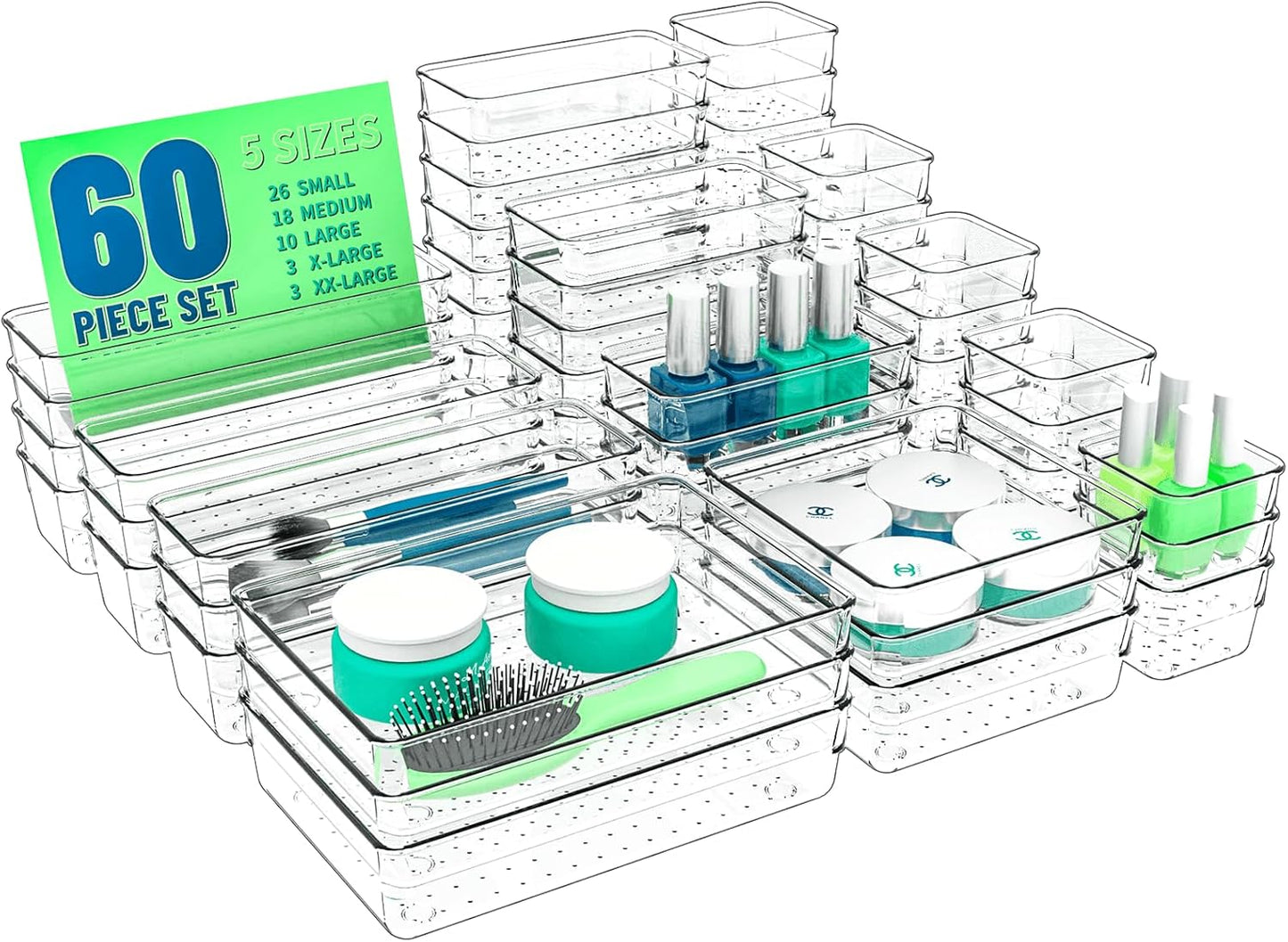 Yieach 60 Pc Clear Plastic Drawer Organizer Set,5 Sizes In Drawer Trays for Bathroom,Office,Kitchen Cabinet and Vanity Organizers,Desk Organizer Bins for Jewelry,Cosmetic,Utensil,Junk