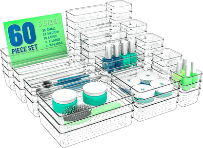 Yieach 60 Pc Clear Plastic Drawer Organizer Set,5 Sizes In Drawer Trays for Bathroom,Office,Kitchen Cabinet and Vanity Organizers,Desk Organizer Bins for Jewelry,Cosmetic,Utensil,Junk