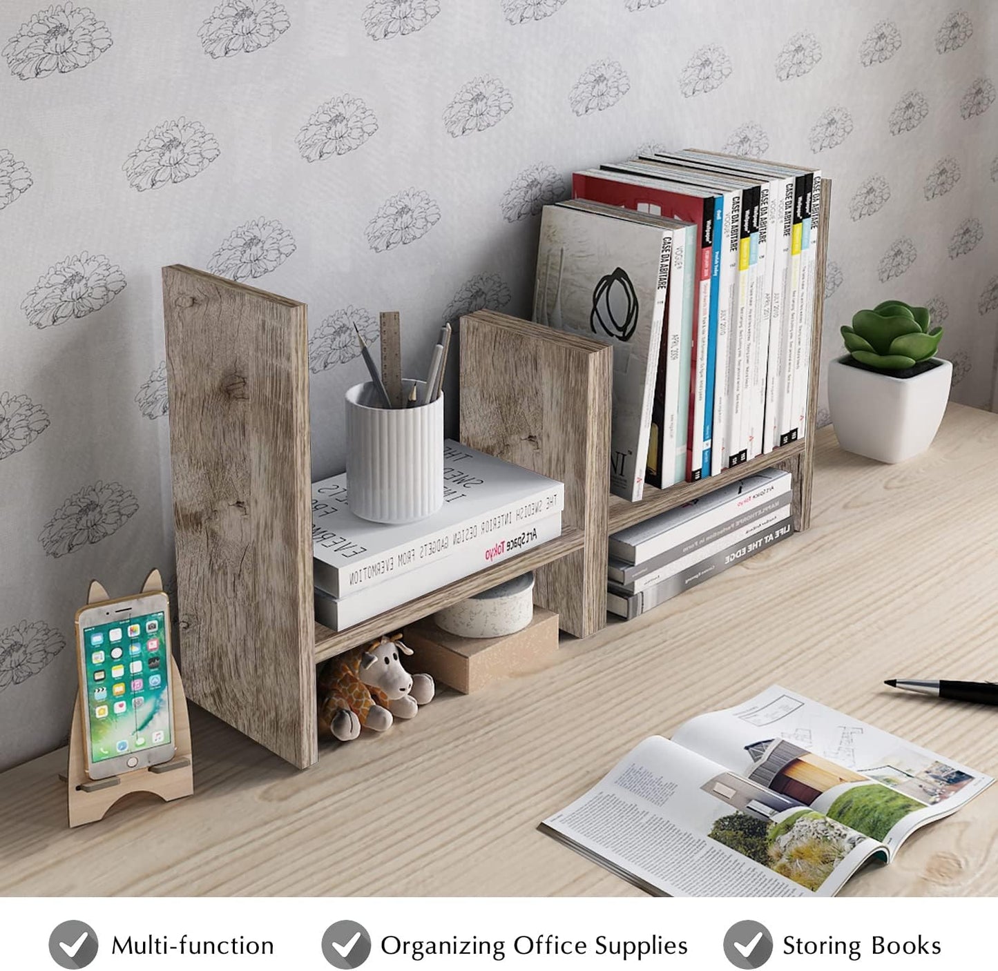 Jerry & Maggie Desktop Organizer Office Storage Rack Adjustable Wood Display Shelf Free Style Double H, Multi-Functional Mini Bookshelf for Desk Natural Stand (Natural Wood Tone)