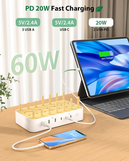 Bamboo USB-C Charging Station for Multiple Devices,60W 6 Port Charing Dock with 3 AC Outlets, 3 USB C, 3 USB A,6.6ft Power Cord for lPhone,lPad,Tablets (6 Mixed Cables Included),White