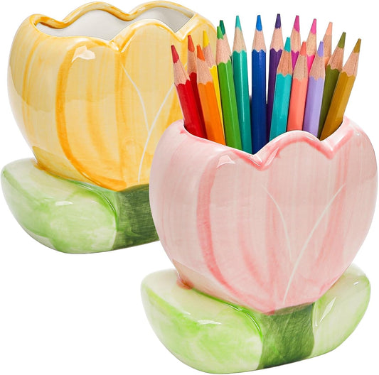 Foraineam 2 Pieces Ceramic Pen and Pencil Holder for Office Tulip Makeup Brush Storage Stand Cute Vase Decor Aesthetic Toothbrush Holder Desktop Organizers for Pencils, Painting Brushes, Art Supplies