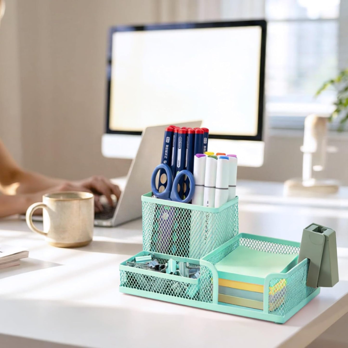 M&G Mesh Pen Holder Desk Organizers Pencil Holder for Desk Black, 3 Compartments Metal Office Supply Organizer with Sticky Notes Holder for School Home Office