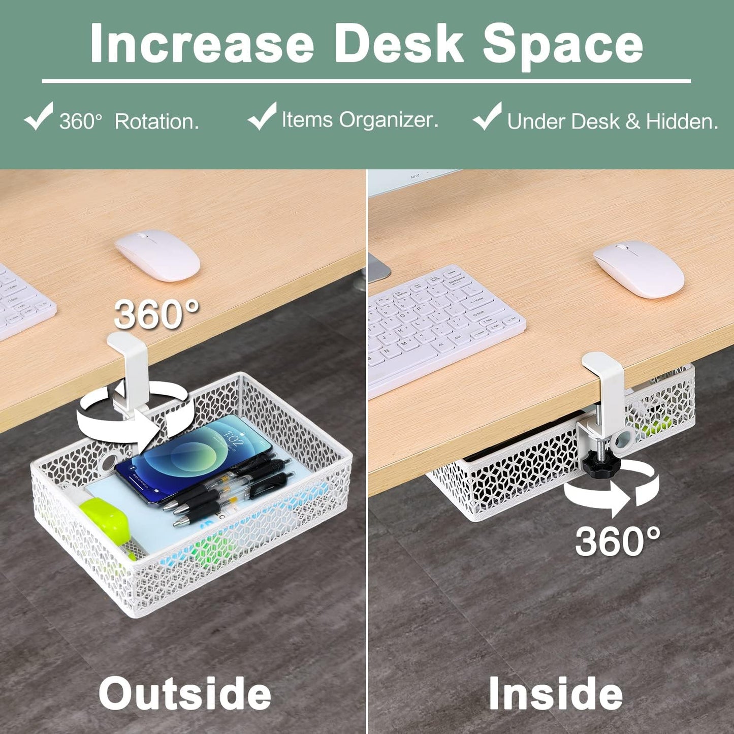 ROSYLINE OSYLINE Heavy Duty Clamp On Under Desk Drawer Organizer Storage Tray Basket with Non-Slip Pad Hanging Mount for Home Office Studio Bedroom or Dorm (Black)