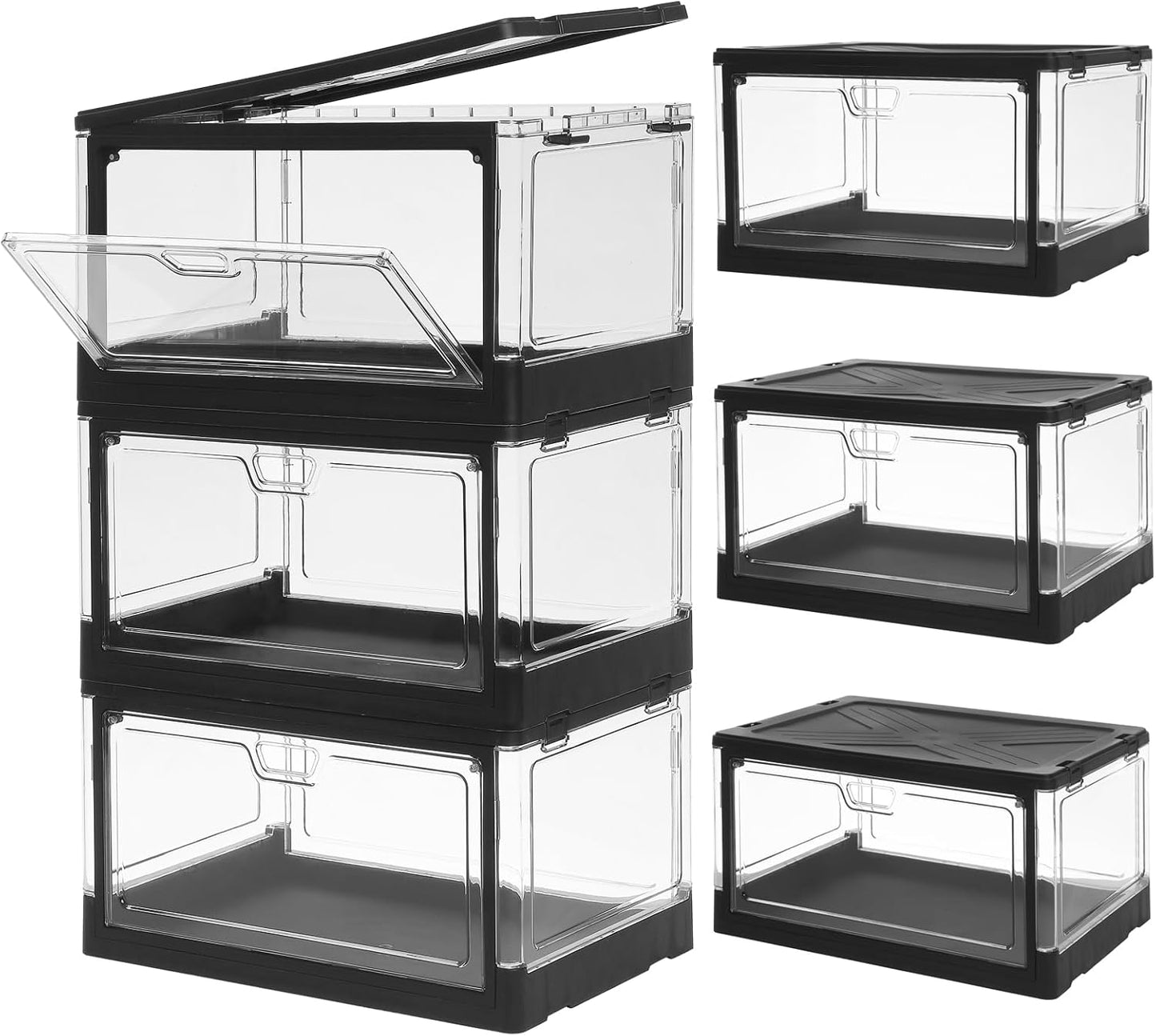 HYBRIDEAS 3-Pack Clear Stackable Storage Bins with Lids Magnetic Doors Open Front Foldable Folding Plastic Craft Containers Large Closet Organizers Box for Bedrooms Living Rooms Study Kids' Toys 24 QT