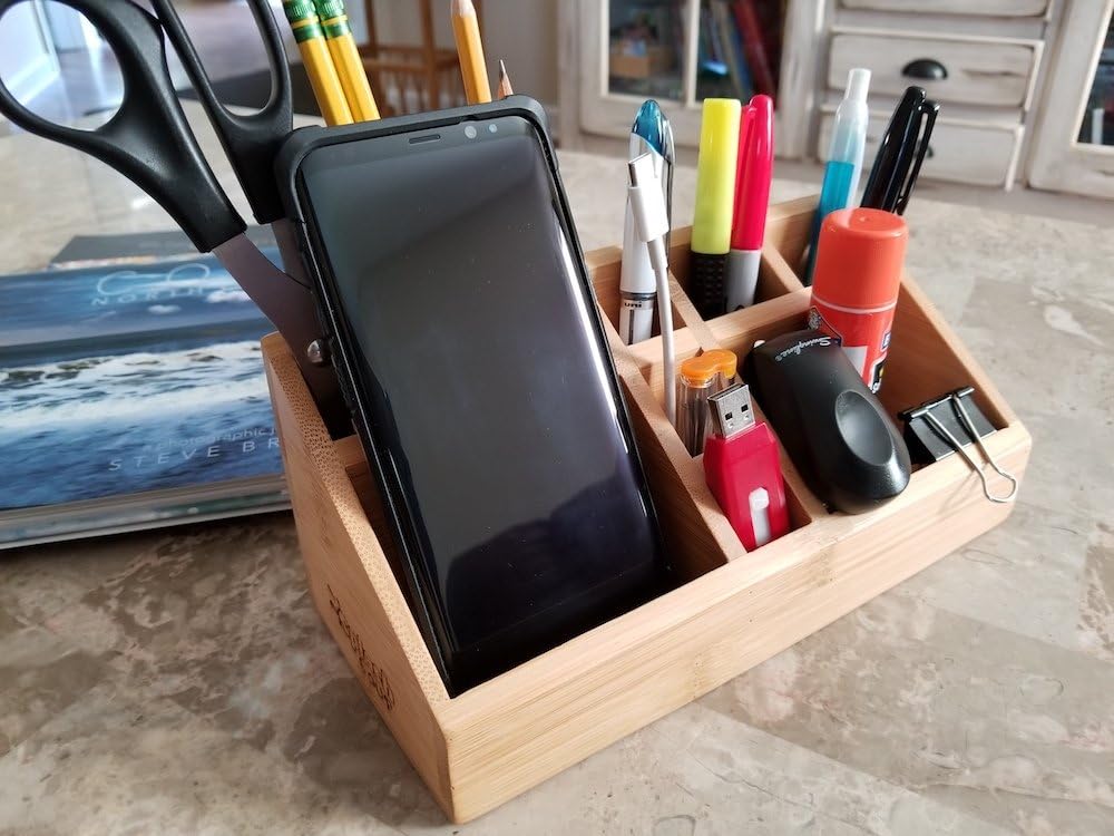 Small Multifunctional Bamboo Organizer | Desk Caddy | Home Office Accessory Tray | School Art Supply Holder | Pen Pencil Brush Compartment | Kitchen Bathroom Countertop Storage
