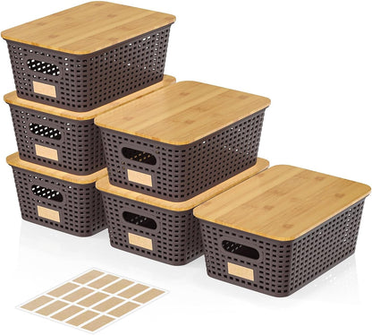 6Pcs Storage Bins with Lids, Stackable Plastic Storage Basket with Bamboo Lid, Pantry Organizer Box Small Containers for Organizing Shelves Drawer Desktop Closet Cabinet Office Classroom 10x7.1x4.1in