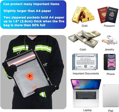 Fireproof Document Bag - Waterproof Fireproof Money Bag with Zipper for Cash/Important Documents/Valuables (Seal Protection), 15x11" (A4 Size), Fire Safe Envelope Bag with Reflective Strip