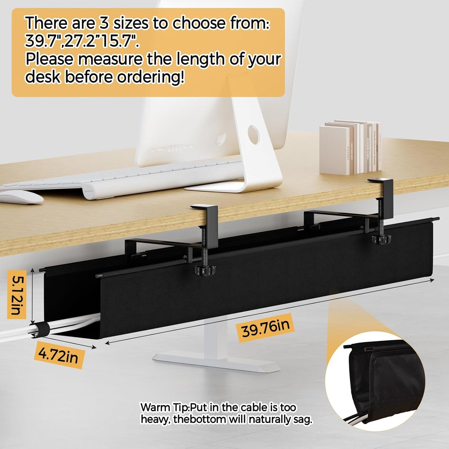 Under Desk Cable Management Tray 27.2" - No Drill Computer Wire Organizer Cable Tray, Cord Hider Clamp Mount with 16X Cable Ties PC Cables Management Cord Holder for Office/Home (Upgrade Fabric,White)