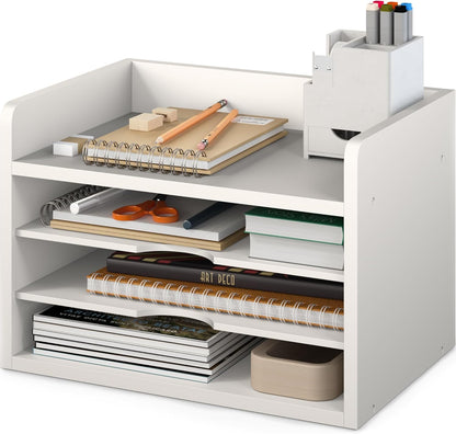 Ballucci File Organizer, 2-Tier Document Paper Sorter, Stackable Wood Desk Organizer Mail Holder, Monitor Stand with Storage Shelves, White