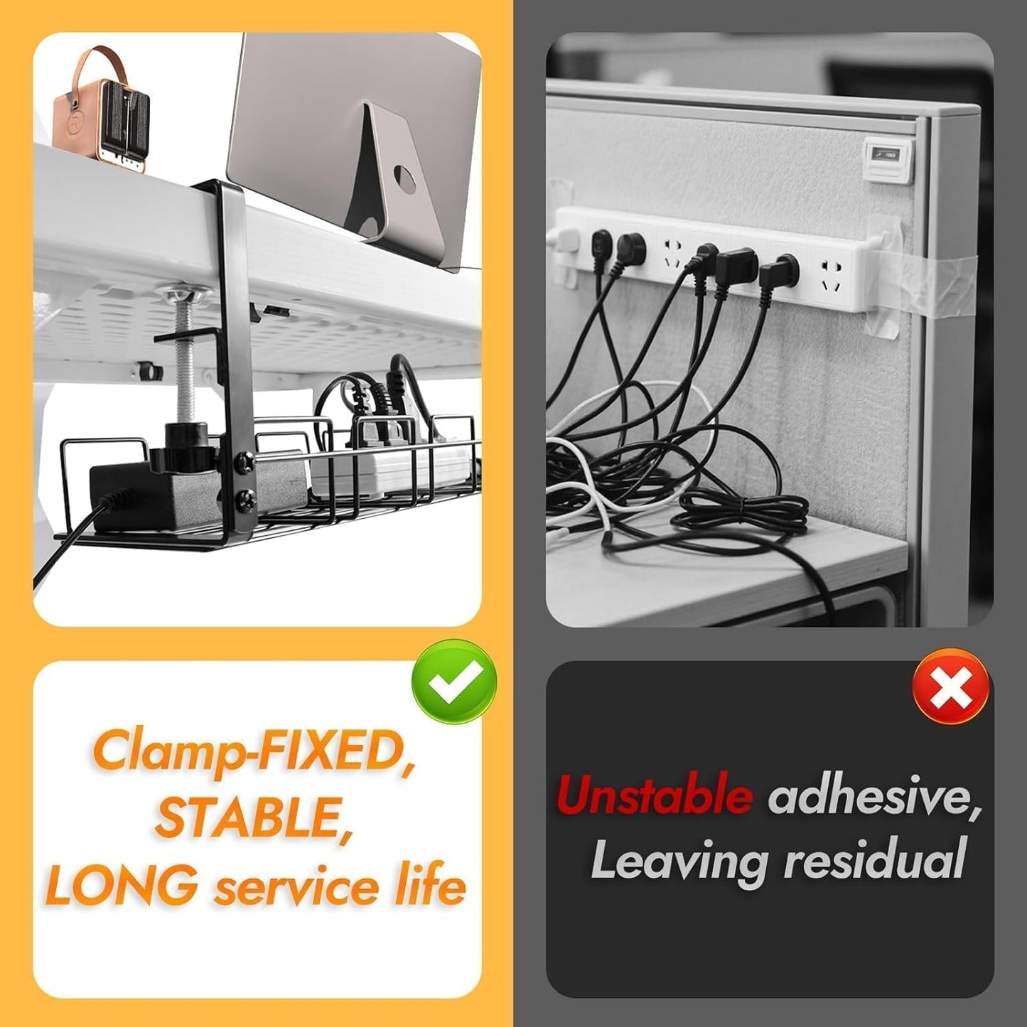 Under Desk Cable Management Tray No Drill - 15.7'' Long 5.1'' Wide Workspace Organizers, Pc Accessories, Steel Cord Organizers, 4 Cable Holder, 12 Roll Cable Organizer Straps(Black)