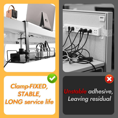 Under Desk Cable Management Tray No Drill - 15.7'' Long 5.1'' Wide Workspace Organizers, Pc Accessories, Steel Cord Organizers, 4 Cable Holder, 12 Roll Cable Organizer Straps(Black)