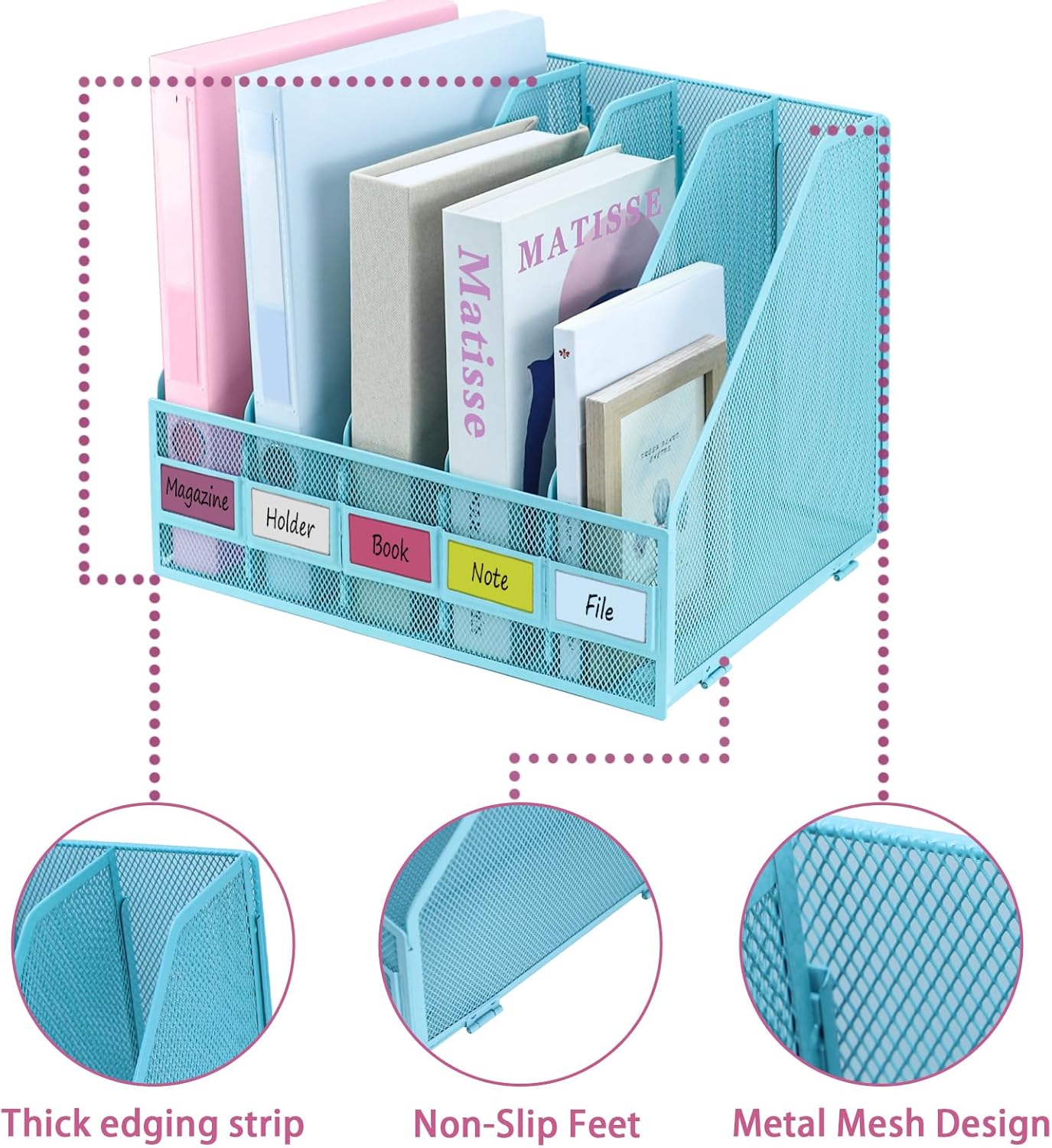 Desk Organizers, Metal Magazine File Holder with 5 Vertical Compartments Rack Binder File Organizer for Office Supplies, Home Workspace - Black