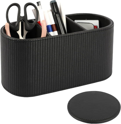 3 Compartments PU Leather Remote Control Holder, Multifunctional Desk Organizer for TV Remotes, Pens, and Accessories, Bedside and Tabletop Storage, Black