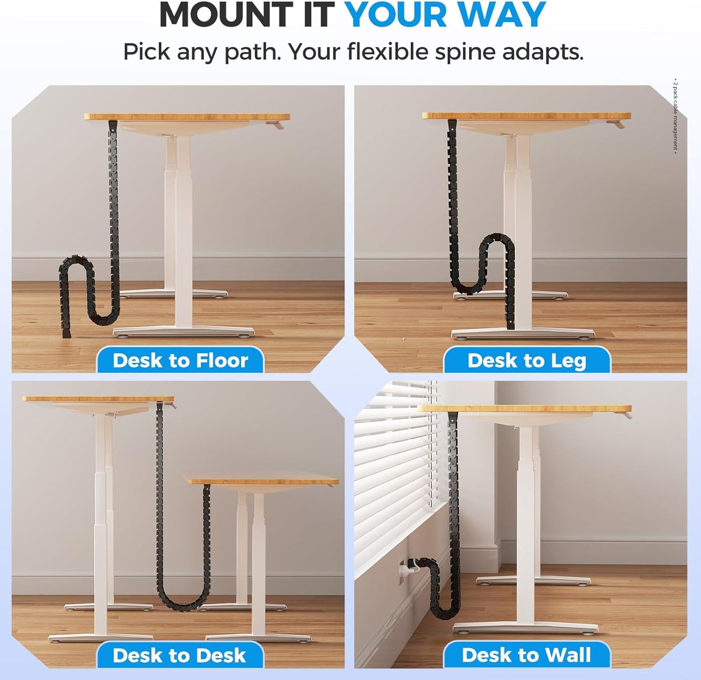 Cinati 52 Inch Vertebrae Cable Management, Black Under Desk Vertebrae Cable Management Kit, Adjustable Length Wire Sleeve for Standing Desk, Cord Organizer for Office - 2 Way Mounting (Tape or Screw)
