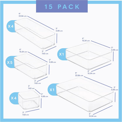 primebox Six Pieces - Clear Plastic Drawer Organizer Bins - Stackable, Non-Slip, 3 Sizes
