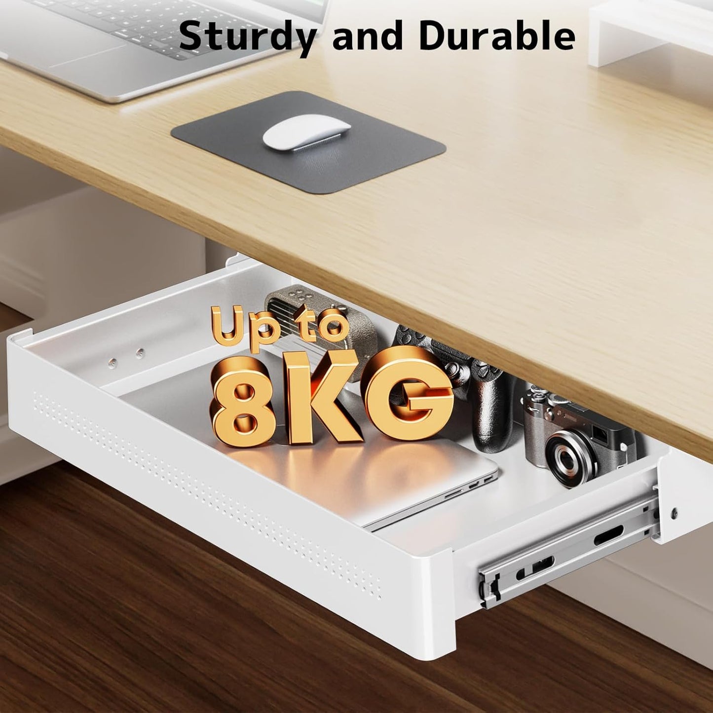 PUTORSEN Under Desk Storage Drawer 15.74" Wide - Smooth Slide Out Organizer for Standing Desk & Home Office,Max Load 17.6 lbs,Quiet Glide, White