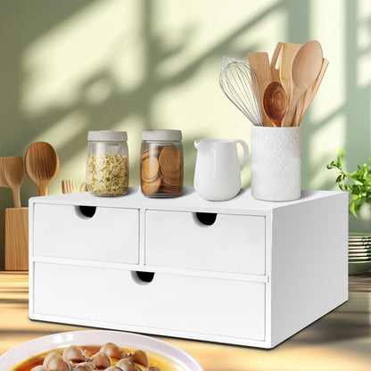 Charmewooden Bamboo Desk Organizer 3 Drawer with Shelf, Countertop Organizer with Drawers Makeup Storage Drawer 3 Drawers Tabletop Storage Organization Box Home Office Workspace（White）