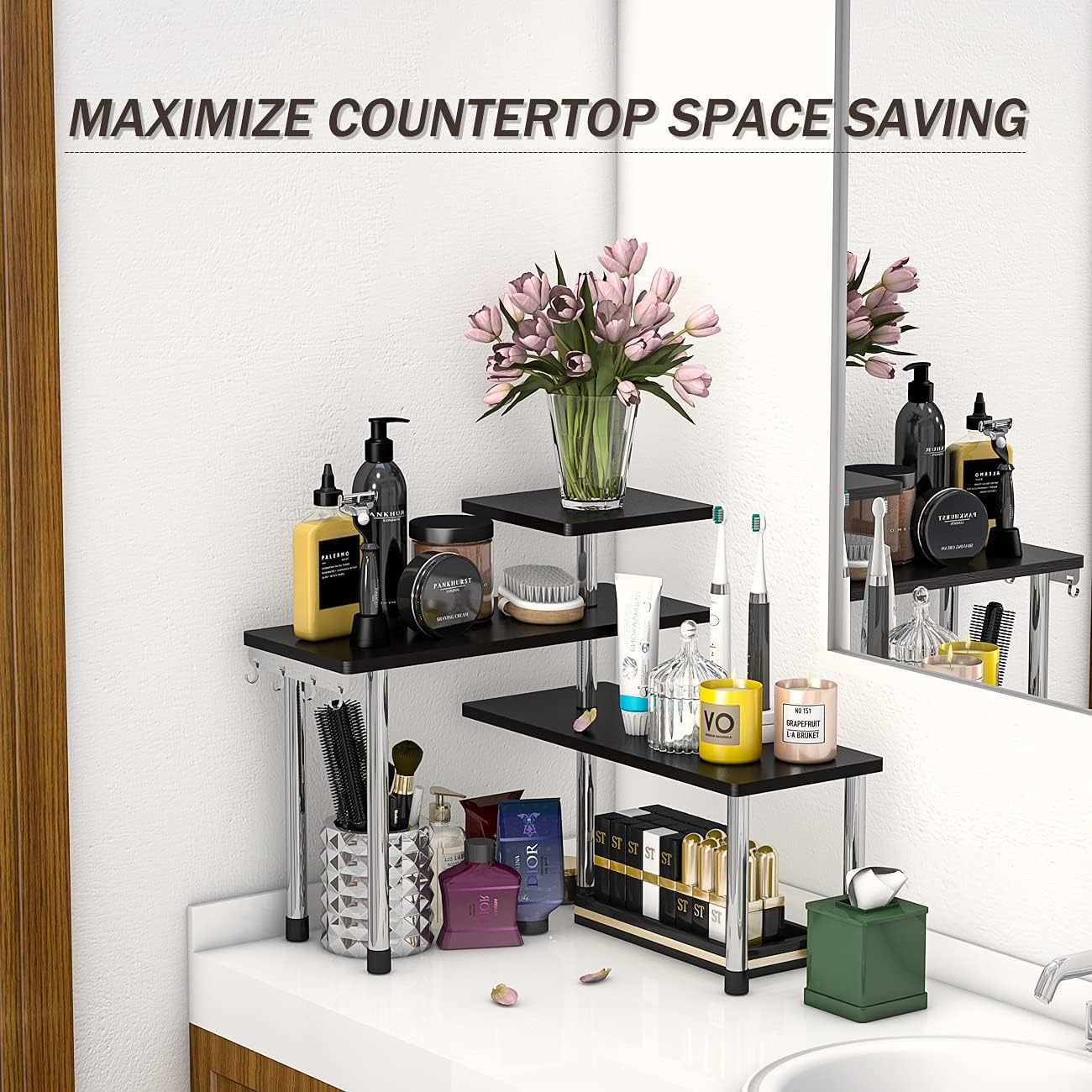 ZHWS Kitchen Countertop Organizer Spice Rack for Salt, Bathroom Counter Organizer Over Sink for Makeup, Skincare, Adjustable 3-Tier Corner Counter Shelf with 4 Hooks for Coffee Bar Dresser Table