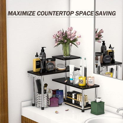 ZHWS Kitchen Countertop Organizer Spice Rack for Salt, Bathroom Counter Organizer Over Sink for Makeup, Skincare, Adjustable 3-Tier Corner Counter Shelf with 4 Hooks for Coffee Bar Dresser Table