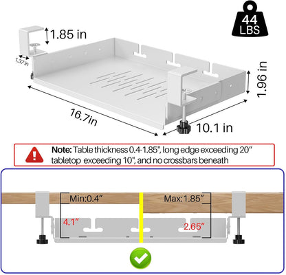 BYMECOST No Drill Under Desk Storage Shelf, Metal Under Desk Drawer Organizer with Clamp, Mount Under Desk Shelf Adds Tray, Desk Drawer for Office Desks, Table, Gaming Desk, Workstations (White)
