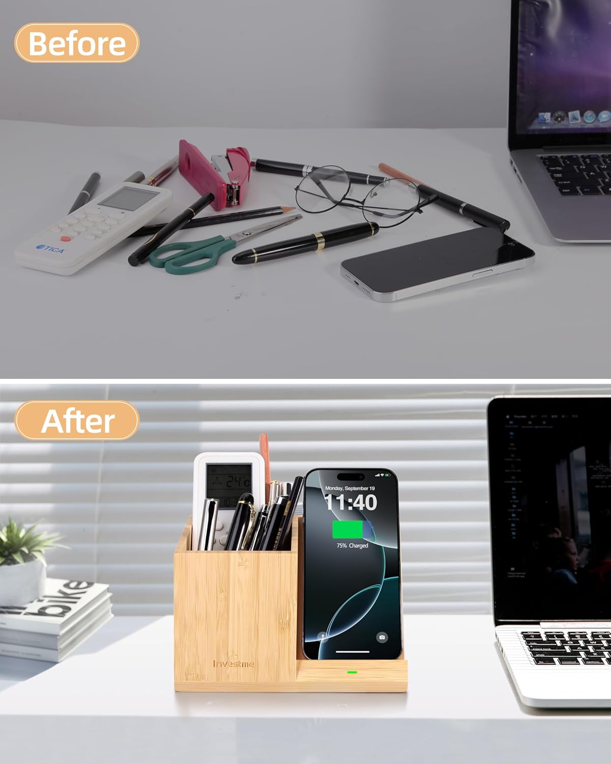 Bamboo Pen Holder with Wireless Charger, Desk Organizer with 5 Compartments for Home Office Supplies Compatible with iPhone & Samsung Series