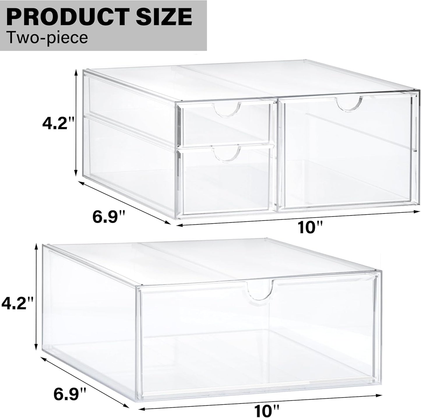 Prsildan Acrylic Makeup Organizer, 2 Pack Stackable Storage Drawers with 6 Drawers for Office Desk Vanity Craft Room Clear Drawer Organizers for Hair Accessories Art Supplies Cosmetics Modular System
