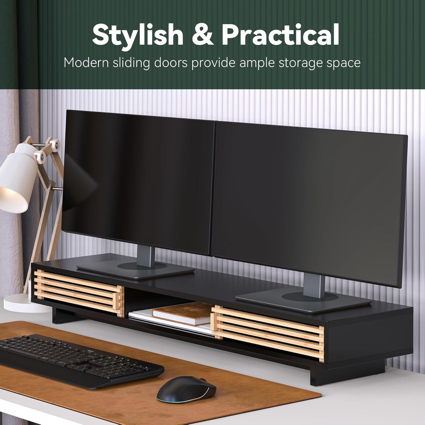 Monitor Stand Riser with Sliding Door, Computer Laptop Stand Desk Shelf Organizer with Storage (Natural Bamboo, 25 Inch)